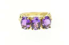 10K Yellow Gold Three Stone Amethyst Ornate Statement Ring