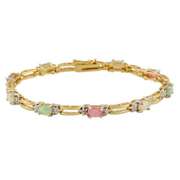 18K Gold over Sterling Silver Created Multi Opal & Diamond Accent  Rectangle Link Bracelet