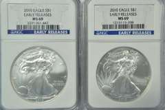 Two 2010 EARLY RELEASES $1 Silver Eagles. NGC MS69