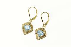 14K Yellow Gold Retro Heart Blue Topaz Wavy Halo Dangle Earrings