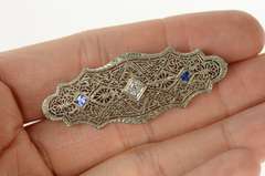 14K White Gold Diamond Syn. Sapphire Art Deco Filigree Pin/Brooch