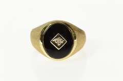 10K Yellow Gold Oval Black Onyx Diamond Men's Retro Ring