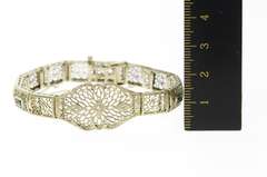 14K White Gold Art Deco Filigree Diamond Syn Emerald Bracelet