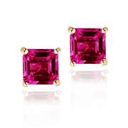 18K Gold over Sterling Silver 1.6ct Created Ruby Square Stud Earrings, 5mm