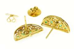 18K Yellow Gold Ornate Half Moon Emerald Diamond Scroll Earrings
