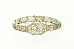 14K White Gold Art Deco Filigree Diamond Syn Emerald Bracelet