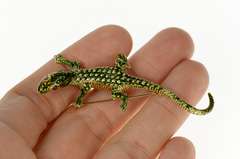 14K Yellow Gold Green Enamel Lizard Ruby Eyed Gecko Pin/Brooch
