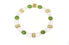 18K Yellow Gold Ornate Carved Chinese Jade Bi Disk Chain Necklace