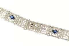 14K White Gold Art Deco Filigree Diamond Syn Sapphire Bracelet