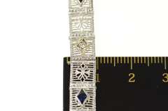 14K White Gold Art Deco Filigree Diamond Syn Sapphire Bracelet
