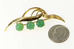14K Yellow Gold Retro Ornate Green Chalcedony Floral Leaf Pin/Brooch