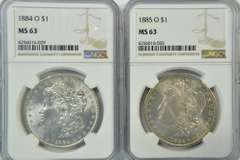 Choice BU 1884-O & 1885-O Morgan Silver Dollars. NGC MS63