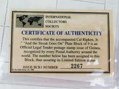 Cal Ripken, Jr. Stamp Plate Block