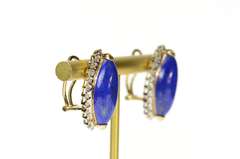 14K Yellow Gold Lapis Lazuli Diamond Halo French Clip Earrings