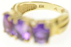 10K Yellow Gold Three Stone Amethyst Ornate Statement Ring