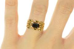 10K Yellow Gold Emerald Syn. Sapphire Chain Pattern Band Ring