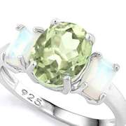 3 CT GREEN AMETHYST & 1 1/5 CT FIRE OPAL STERLING SILVER RING