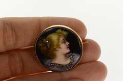 14K Yellow Gold Victorian Painted Lady Portrait Diamond Pin/Brooch