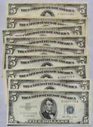 4 Each Clean 1953 1953 A  $5 Blue Seal Silver Certificateslver