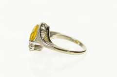 10K White Gold Oval Syn. Citrine CZ 1960's Textured Bypass Ring