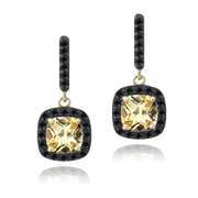 Gold Tone over Sterling Silver 2.9ct Citrine & Black Spinel Cushion Cut Dangle Earrings
