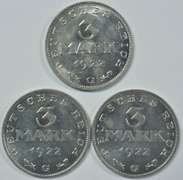 3 Choice BU 1922-G Germany 2 Marks Pieces. Nice