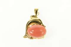 14K Yellow Gold Rhodochrosite Cabochon Dolphin Statement Pendant