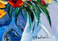 Spectacular Original by Yana Rafael Yana Rafael Puppies and viols in a blue vase