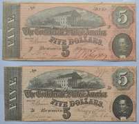 2 Near Unc $ 5 T-69 Confederate States Note