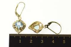14K Yellow Gold Retro Heart Blue Topaz Wavy Halo Dangle Earrings