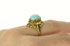 14K Yellow Gold Ornate Turquoise Cabochon Scroll Cocktail Ring