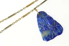 Gold Filled Carved Lapis Lazuli Two Tone Chain Necklace