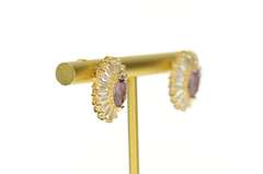 14K Yellow Gold Marquise Amethyst CZ Baguette Halo Stud Earrings