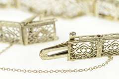 14K White Gold Art Deco Filigree Diamond Syn Emerald Bracelet