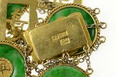 18K Yellow Gold Ornate Carved Chinese Jade Bi Disk Chain Necklace