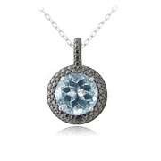 Sterling Silver 5.75ct Blue Topaz & Black Diamond Accent Round Necklace