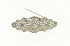 14K White Gold Diamond Syn. Sapphire Art Deco Filigree Pin/Brooch