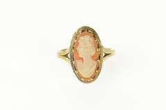 10K Yellow Gold Carved Shell Cameo Lady Retro Statement Ring