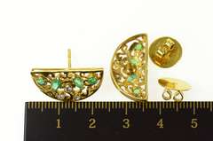 18K Yellow Gold Ornate Half Moon Emerald Diamond Scroll Earrings