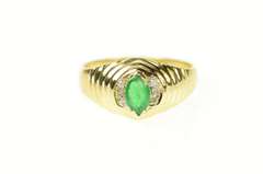 18K Yellow Gold Marquise Emerald Diamond Accent Grooved Ring