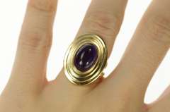 14K Yellow Gold Ornate Amethyst Cabochon Retro Cocktail Ring