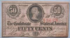 Popular 50 Cent Unc 1863 Confederate States Note