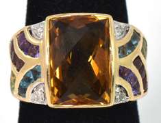 Awesome Citrine Ring with Rainbow Shoulders in 14KT Yellow Gold