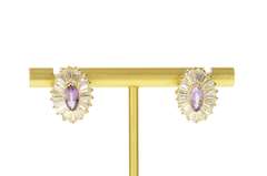 14K Yellow Gold Marquise Amethyst CZ Baguette Halo Stud Earrings