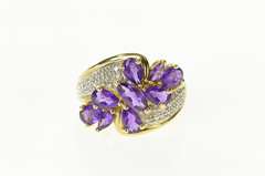 10K Yellow Gold Pear Amethyst Cluster Pave Diamond Accent Ring