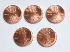 5 Off Center Pennies, 3x2020, 2x2021