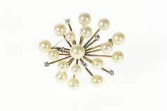 10K Yellow Gold Retro 1960's Pearl Diamond Spray Burst Pin/Brooch