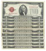 10 Very nice Series of 1928 $2 Red Seal Notes in circ
