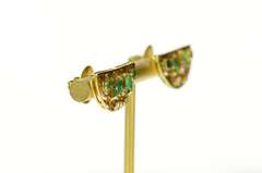 18K Yellow Gold Ornate Half Moon Emerald Diamond Scroll Earrings