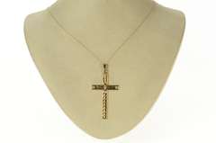 14K Yellow Gold Art Deco Etched Diamond Ornate Cross Pendant